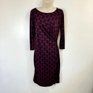 Talbots Dress Wrap Size M Navy Blue Red Geometric Stretch 3/4 Sleeves Ruched